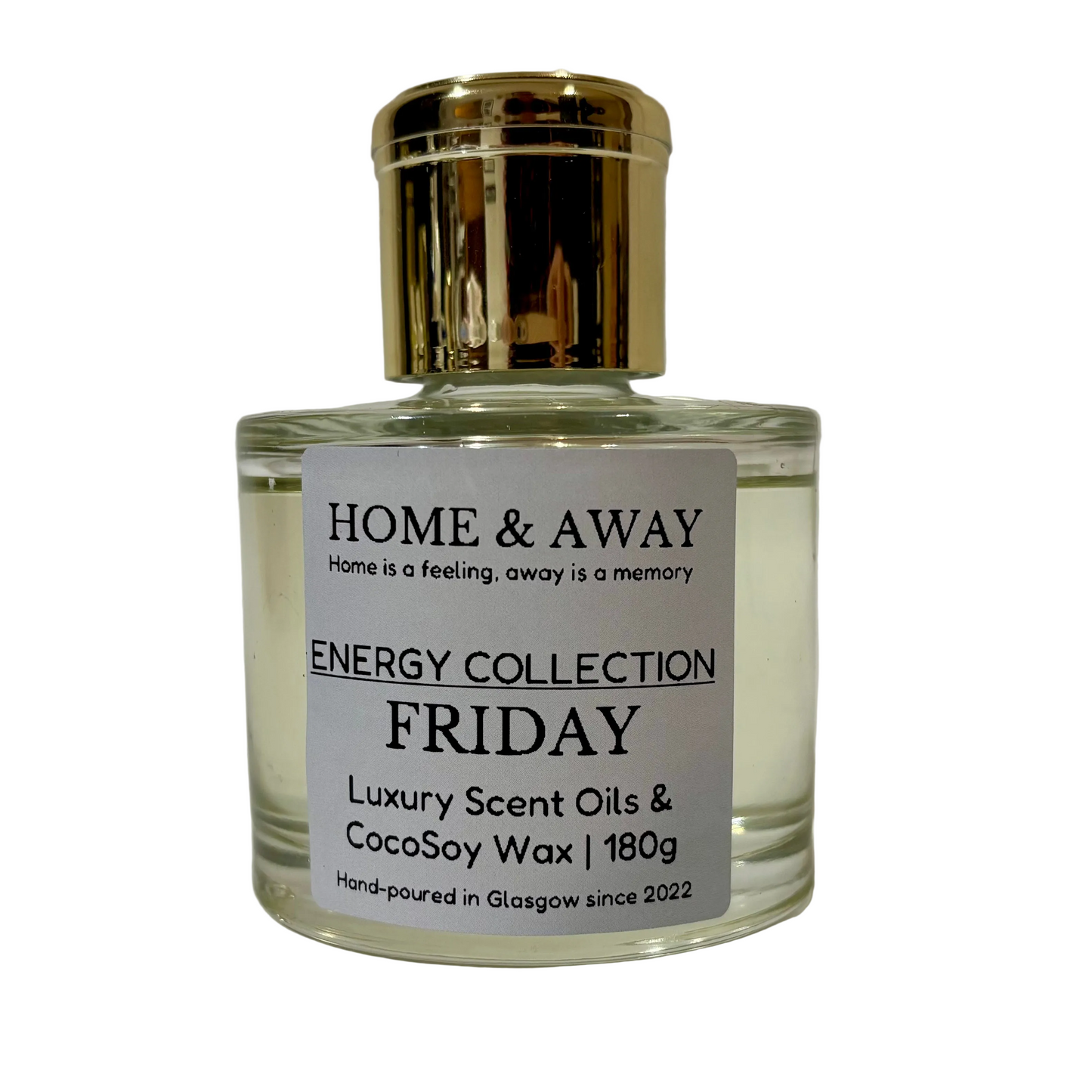 Friday white tea and cardamom reed diffuser in a glass bottle with a white label and gold cap, by Home & Away