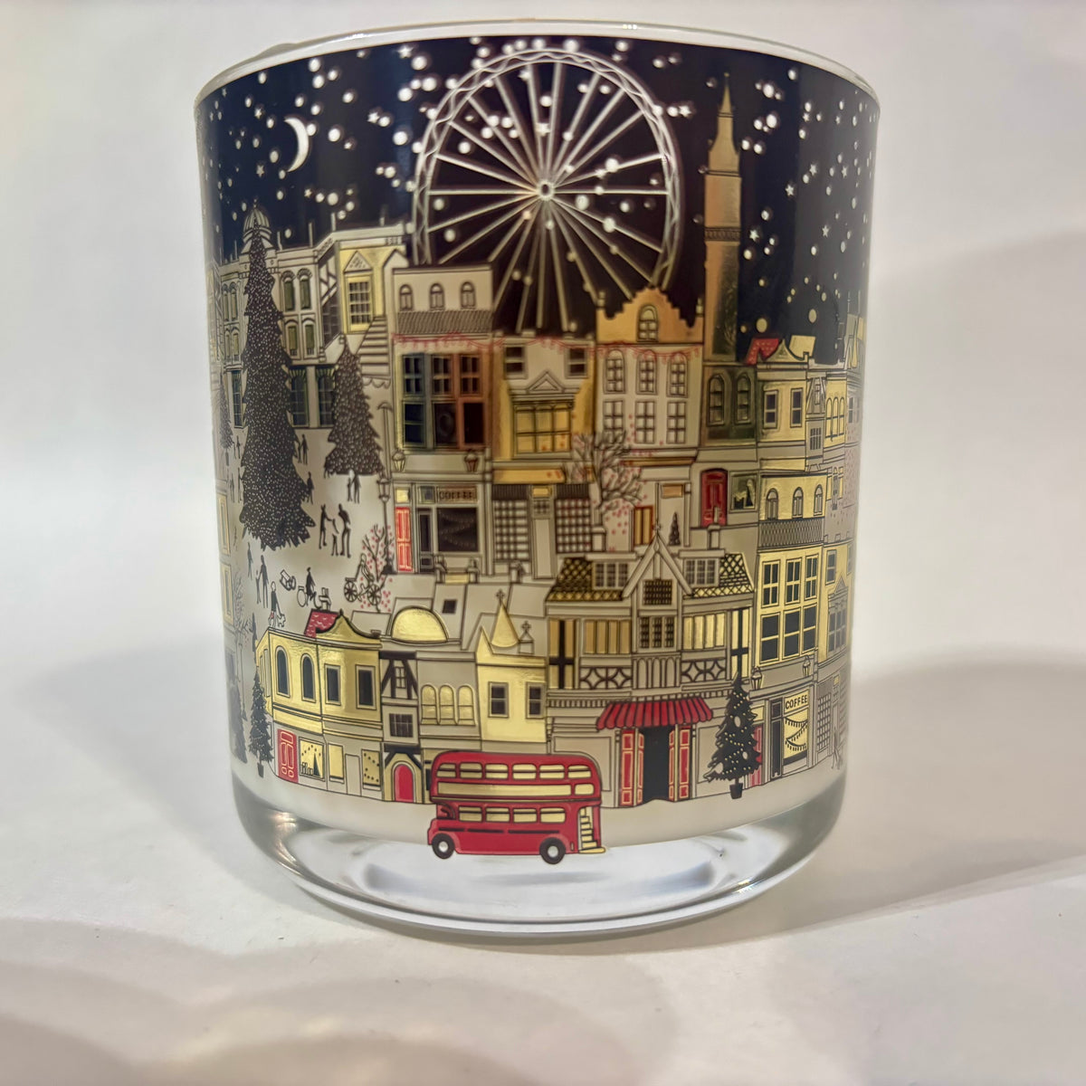 London at Night limited edition candle in printed glass with a starlit London winter skyline, by Home & Away Candles