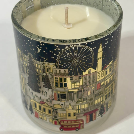 London at Night limited edition candle in printed glass with a starlit London winter skyline, by Home & Away Candles