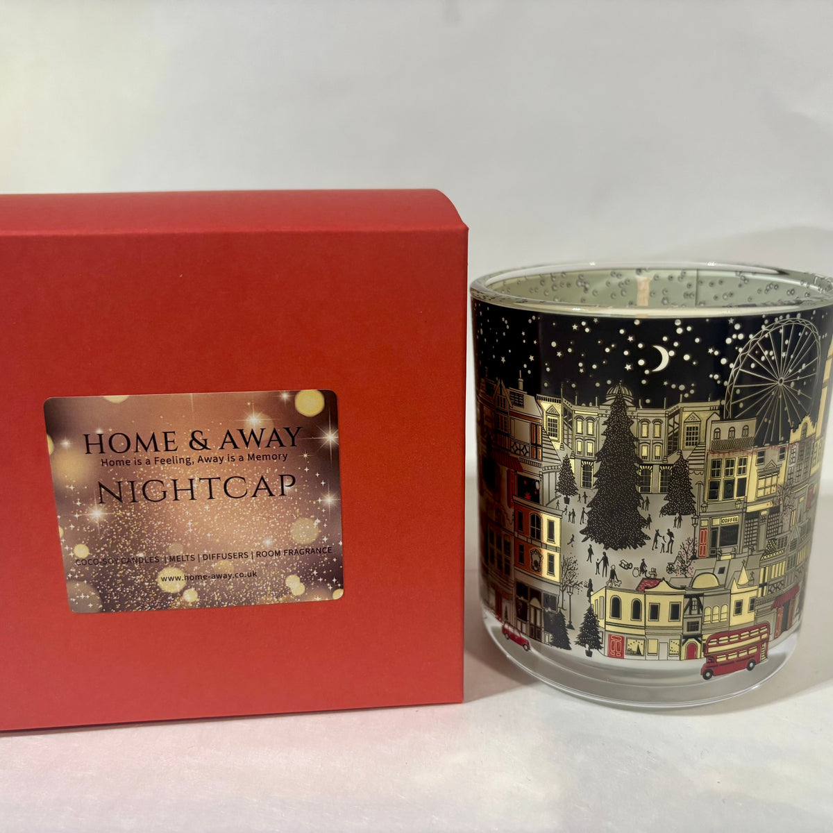 London at Night limited edition candle in printed glass with a starlit London winter skyline, by Home & Away Candles