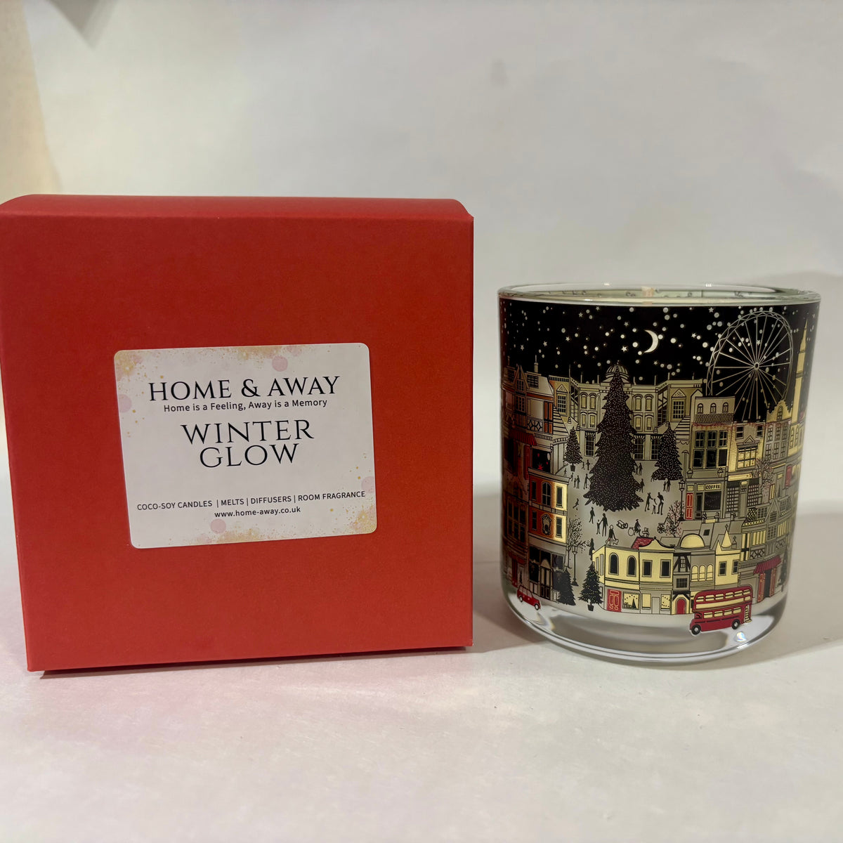 London at Night limited edition candle in printed glass with a starlit London winter skyline, by Home & Away Candles