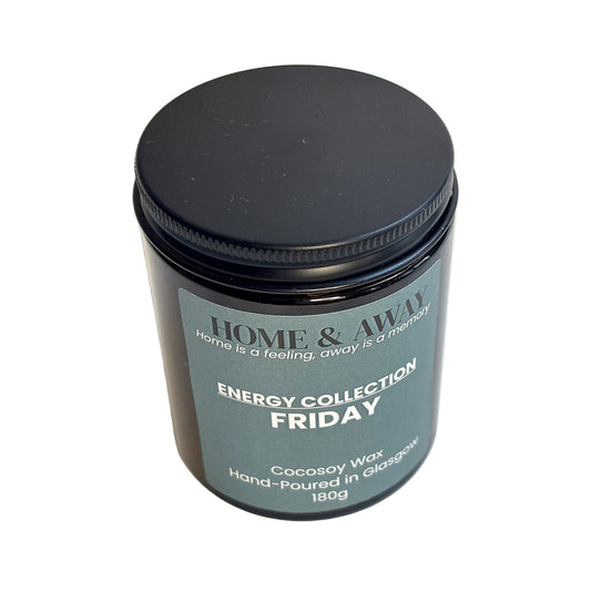 Friday candle from the Energy Collection in an amber glass jar with a black lid, hand-poured by Home & Away Candles