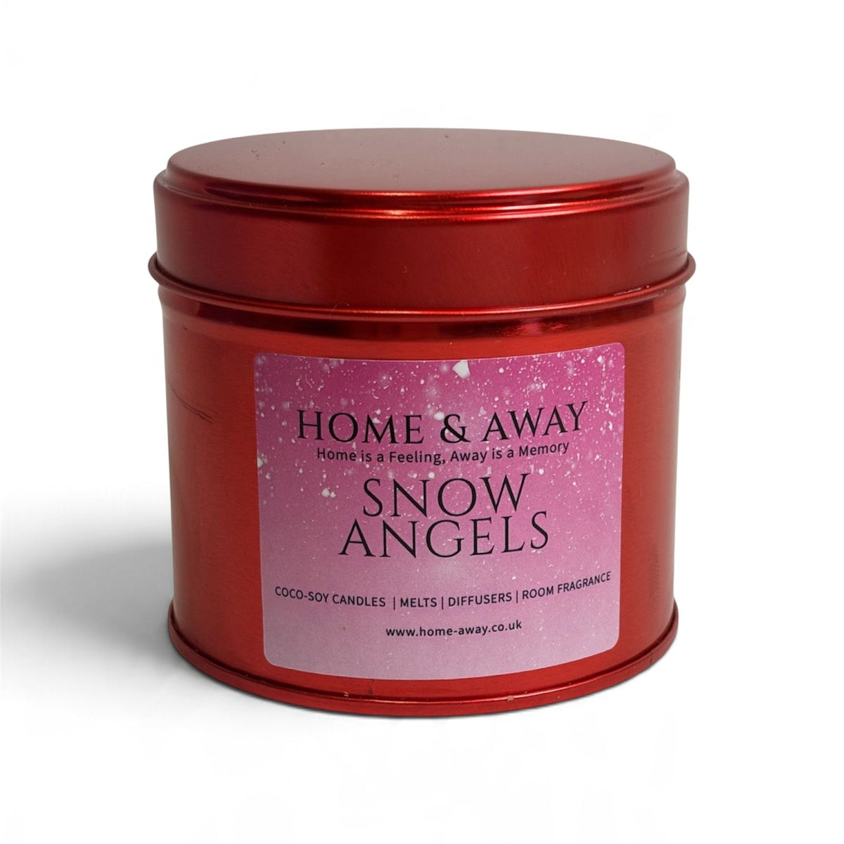 Snow Angels Christmas candle in a glossy red tin, hand-poured by Home & Away Candles