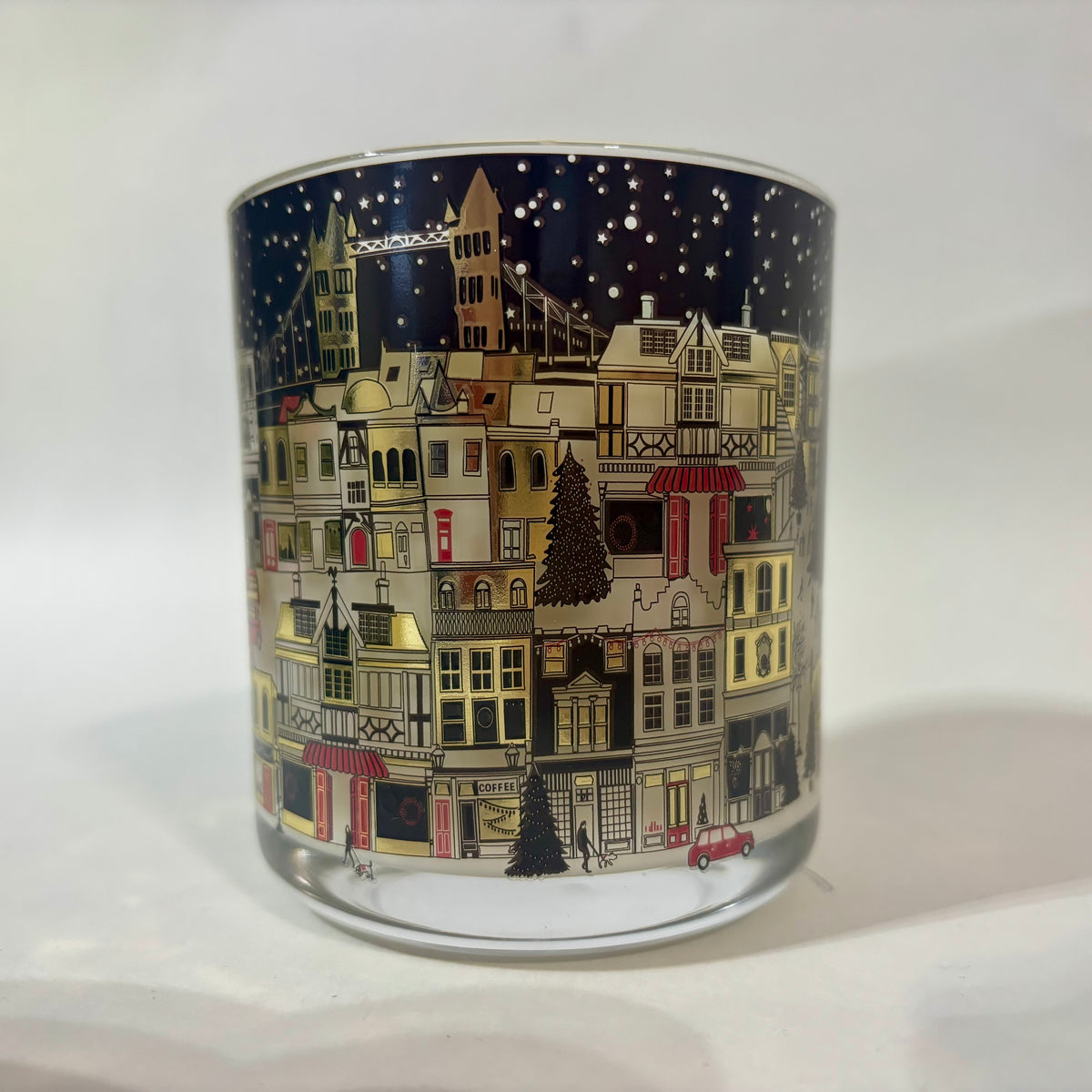 London at Night limited edition candle in printed glass with a starlit London winter skyline, by Home & Away Candles