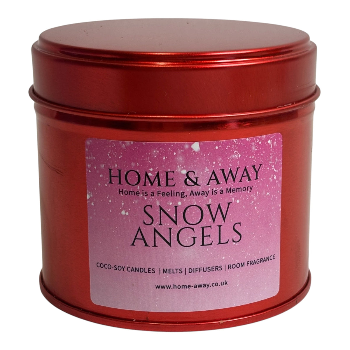 Snow Angels Christmas candle in a glossy red tin, hand-poured by Home & Away Candles
