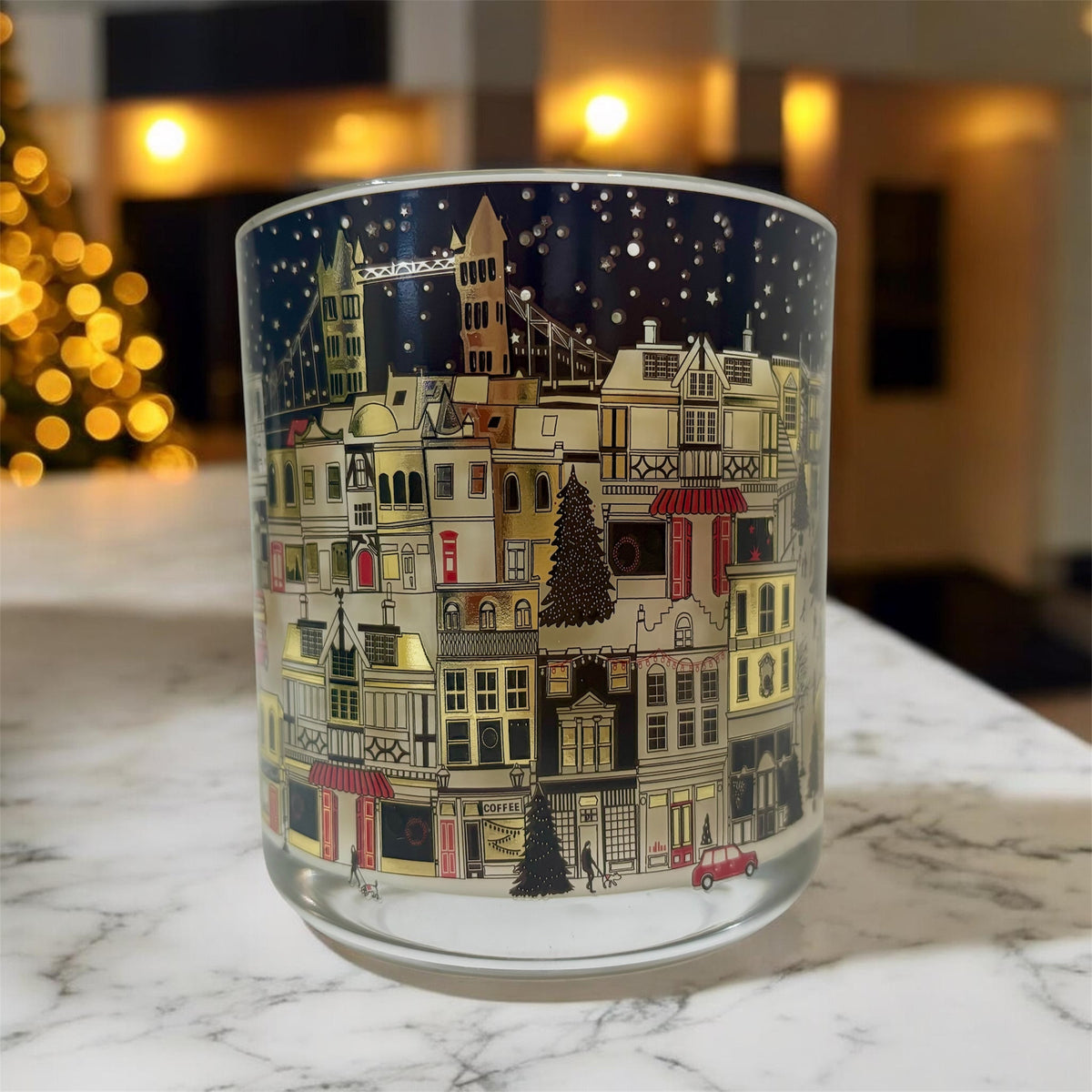 London at Night limited edition candle in printed glass with a starlit London winter skyline, by Home & Away Candles