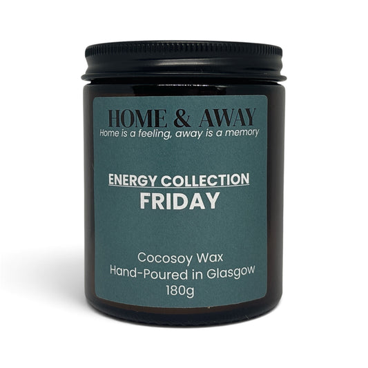 Friday candle from the Energy Collection in an amber glass jar with a black lid, hand-poured by Home & Away Candles