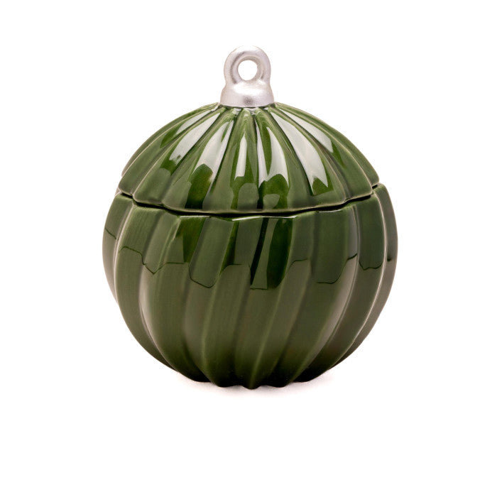 Home-away.co.uk glossy green ceramic Christmas bauble candle with a ribbed design and a silver hanging loop.