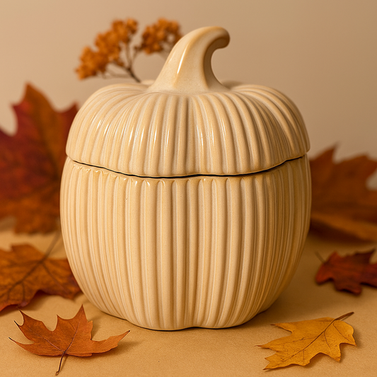 Ceramic pumpkin-shaped container with lid on a surface with autumn leaves.