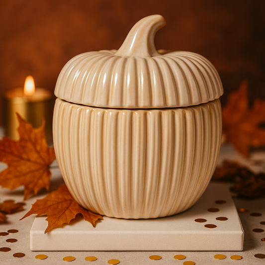 Beige ceramic pumpkin-shaped container with lid on a decorative surface with autumn leaves and candles.