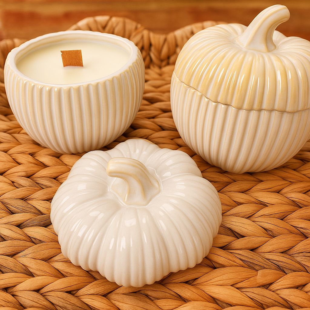 Two ceramic pumpkins and a candle on a woven surface